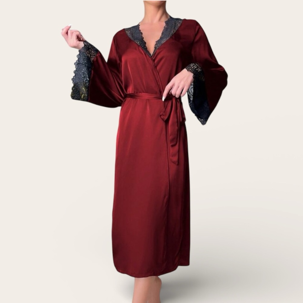 Satin Robe with Lace Trim